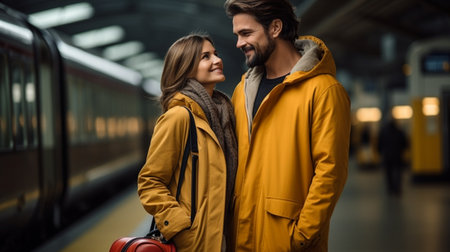 On a platform, a man and a woman are carrying a yellow suitcase. At the train station, a couple arrives at their destination. Tourists wait for the train to arrive before departingの素材