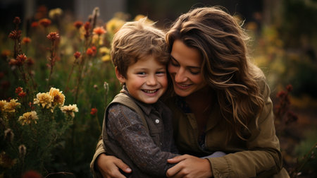 Son and mother give each other tender hugs.の素材