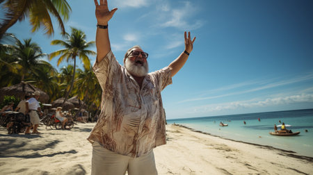 An obese man stands on the sand, leans against a palm tree, and waves.の素材