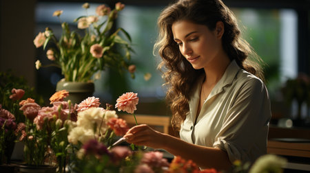 Female Office Employee Watering Flowersの素材