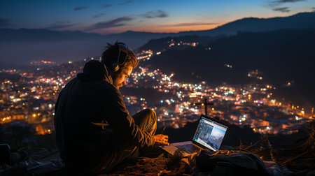 digital nomad silhouette working on his laptop while perched atop a hill overlooking the city at sunset,の素材