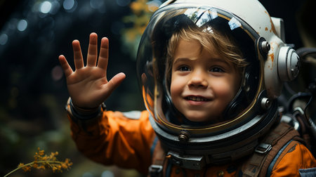 Boy saluting while wearing an astronaut suitの素材