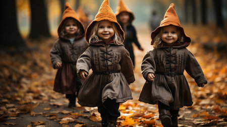 Holding hands are two kids wearing Halloween costumes.の素材