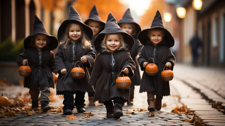 trick-or-treating with kids on Halloweenの素材