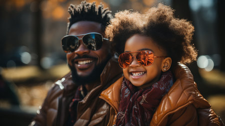 A joyful father and daughter of African descent, both dressed as superheroes,の素材