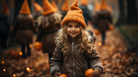 Little child goes trick-or-treating while wearing Halloween costumesの素材