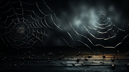 Halloween-themed dark backdrop with a silhouette of a spider web against a black wallの素材