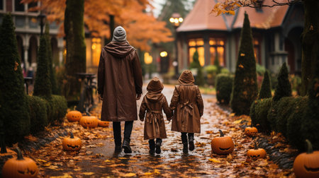 a family in costume in the back, for Halloween.の素材