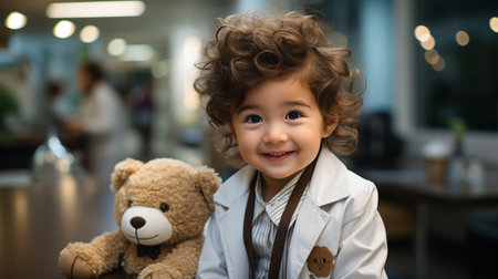 a youngster in a hospital setting with a doctor's costume and stethoscope,の素材