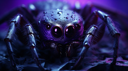 Background with spiderwebs. Isolated on blue and purple, the frightening Halloween signの素材