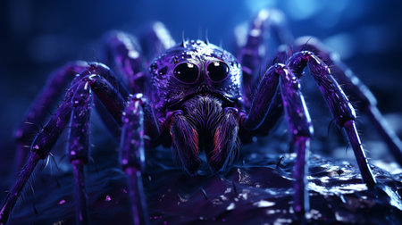 Background with spiderwebs. Isolated on blue and purple, the frightening Halloween signの素材