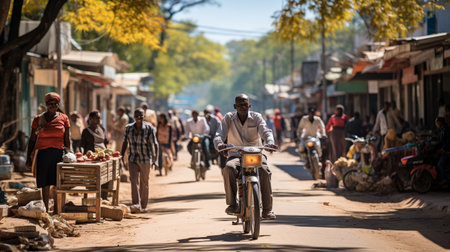 People are wandering through a busy street at noon.の素材