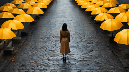 female wearing a yellow umbrellaの素材