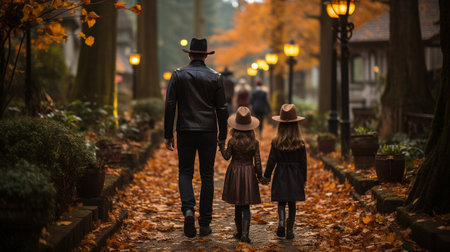 a family in costume in the back, for Halloween.の素材