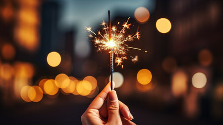 In the evening, a hand holding a flaming sparkler blast is seen against a dark background in bokeh.の素材