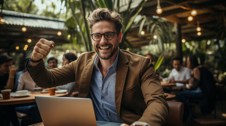 Entrepreneur making a fist while using a laptop in a coffee cafe.の素材
