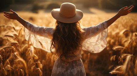 Happy Person raising arms in the early morning sun of a rural field,の素材