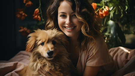 Happy young couple relaxing on balcony with dog.の素材