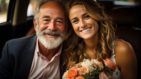 a bride driving while carrying her bouquetの素材