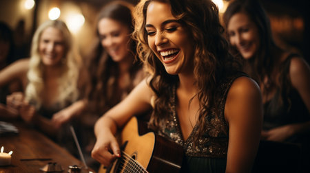 Women singing a Christmas song while having a good time and laughing.の素材