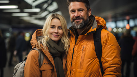 A couple in an airport terminal clutching bags togetherの素材