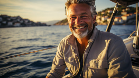 Adult male operating a yachtの素材