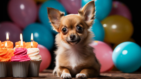 Cute birthday puppy against a vibrant backdropの素材