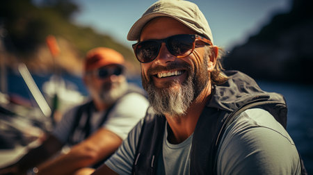 Adult male operating a yachtの素材