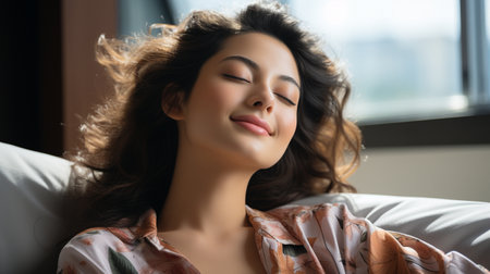 Asian woman in a hotel relaxing on a languid day after a restful night's sleep on her bed on a weekend morningの素材