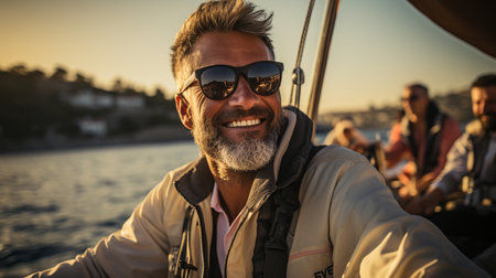 Adult male operating a yachtの素材