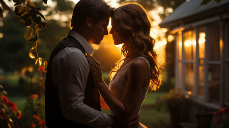 young married couple cuddles up in front of the house as the sun sets in the summer.の素材