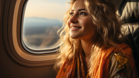 A female smiling at an aeroplane windowの素材