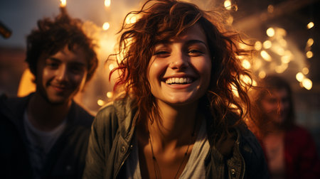 a group of young people having a party on a roof.の素材