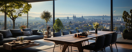 a table and seats in the living area, with a view of the city.の素材