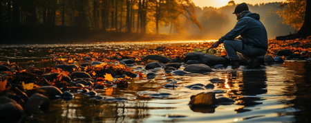 Fishing. Fishing for trout. a trout is being held by a fisherman.の素材