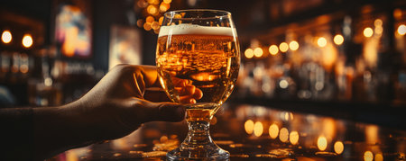 Poured into a pint glass is craft beer. A huge lager beer is being tapped by the bartender's hand. serving a client beerの素材