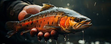 Fishing. Fishing for trout. a trout is being held by a fisherman.の素材