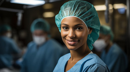 Surgically prepared doctor smiles at an unobserved colleague.の素材