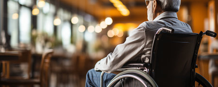 Man in a wheelchair in a medical facility, copy spaceの素材