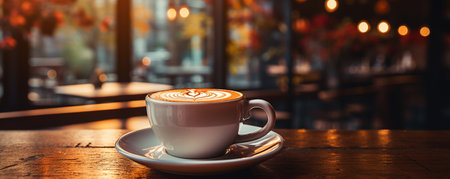 In a coffee shop, a cup of coffee is placed on a table.の素材