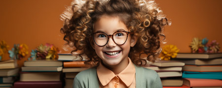 hilarious schoolgirl youngster with glasses holding books,の素材