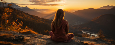 Panorama of a young woman doing yoga in the mountains at duskの素材