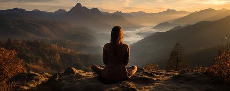 Panorama of a young woman doing yoga in the mountains at duskの素材