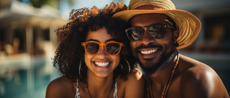 Young African American couples enjoying themselves in a hotel resort's pool. a summer break,の素材