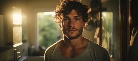 a transgender man of mixed race applying mascara and donning makeup while looking in the mirrorの素材