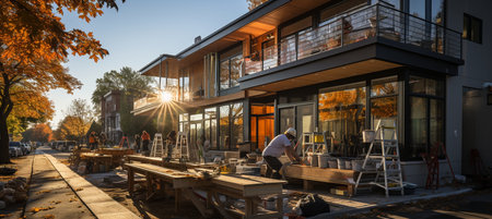 Builders working together to assemble prefabricated modules for a project, demonstrating the effectiveness and sustainability of modern,の素材