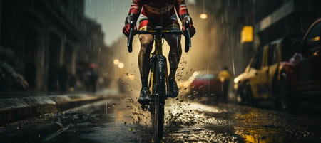 A road cyclist ascends a wet road while it is raining.の素材