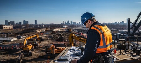 On a construction site in the background, a guy builder foreman, worker, contractor, or architect is writing on a black clipboard.の素材