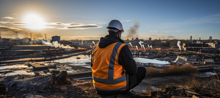 On a construction site in the background, a guy builder foreman, worker, contractor, or architect is writing on a black clipboard.の素材