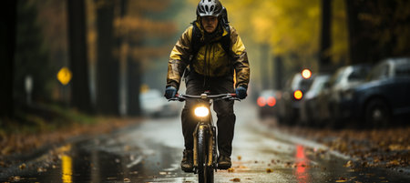 A road cyclist ascends a wet road while it is raining.の素材